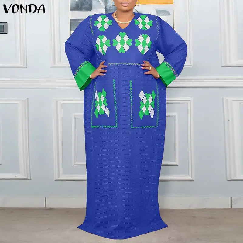 

Plus Size 5XL VONDA Women Bohemian Long Sleeve Maxi Dresses V-Neck Casual Loose Print Party Vestidos Fashion Autumn Vintage Robe