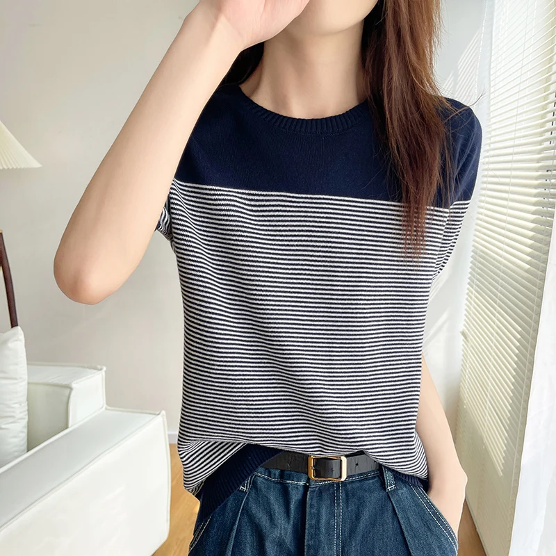 Women\'s T-Shirt Summer 100% Cotton Sweater Short Sleeve Striped Knitted Round Neck Ladies Tops Loose Blouse Pullover Tees