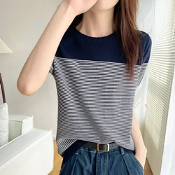 Women's T-Shirt Summer 100% Cotton Sweater Short Sleeve Striped Knitted Round Neck Ladies Tops Loose Blouse Pullover Tees