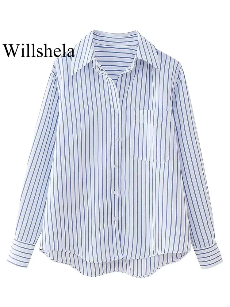 Willshela Women Fashion With Pocket Striped Single Breasted Blouse Vintage Lapel Neck Long Sleeves Female Chic Lady Shirts