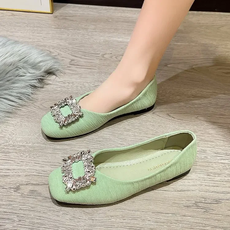 Black Satin Cloth Flats Shoes Woman Basic Sequined Rhinestones Crystal Diamond Buckle Flats Fashion Bridal Shoe Work Women Shoes