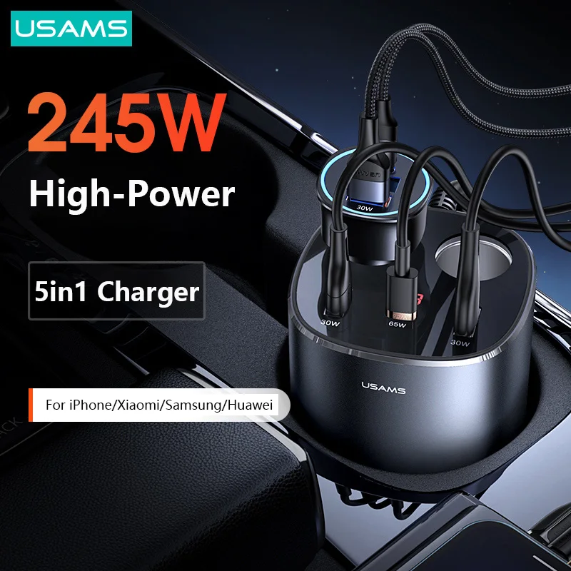 

USAMS 245W Car Charger Adapter 5in1 USB Type C Port Dual Cigarette Lighter Splitter Socket Expander Digital Display Fast Charger