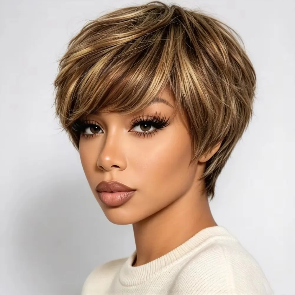 P427 Short Pixie Cut Wig for Women Human Hair Short Layered Pixie Wigs With Bangs for Women Machine Made