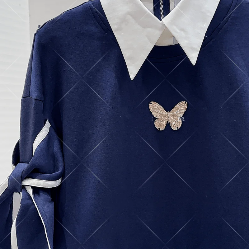 우아한 컬러 블록 리본 긴팔 스웨트셔츠 여성 슬림핏 스타일리쉬 탑