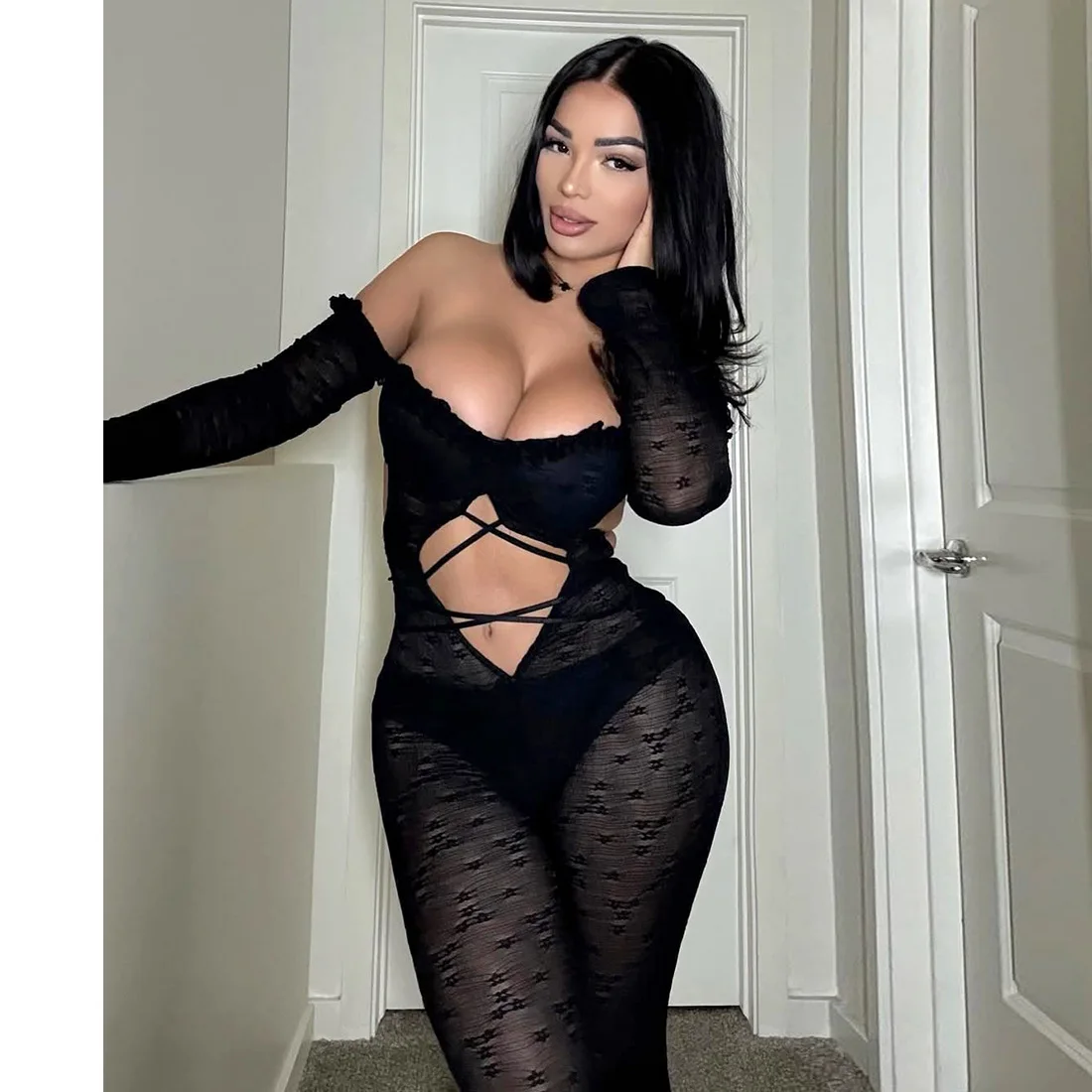 

DSMTRC женская ночная клубная одежда сексуальные горячие комбинезоны с открытыми плечами и открытой спиной с длинными рукавами кокетка прозрачные женские комбинезоны