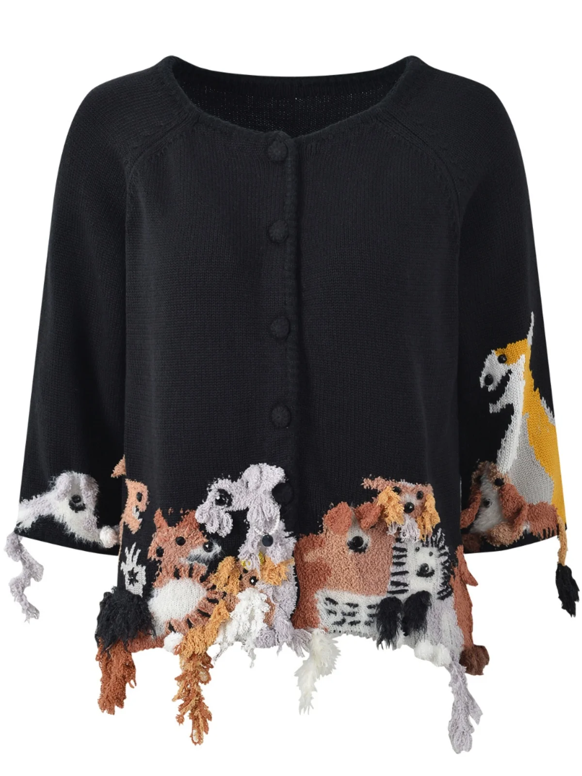 

Осенний кардиган 2024 с вышивкой в виде собак, отделкой бахромой, круглым вырезом, укороченный, из смесовой шерсти, для повседневной носки