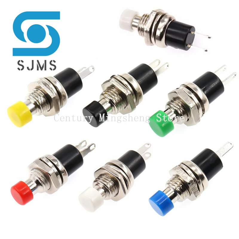 6Pcs 1A 250V AC PBS-110 2 Pins ON/OFF Push Button Switch Mini Lockless Momentary Switch for RC Toy Red Black Blue Yellow Green