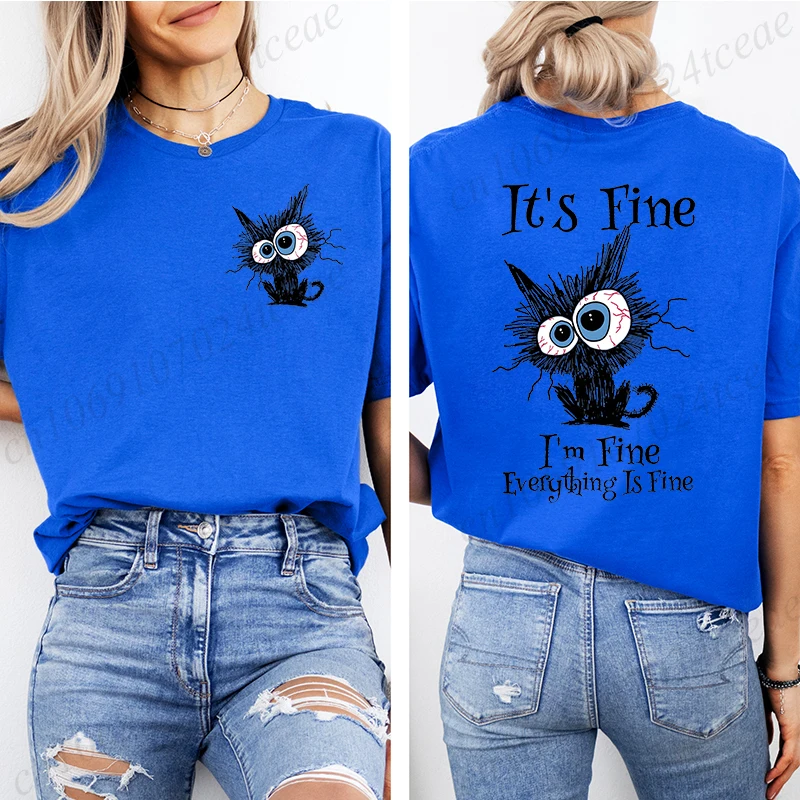 Women T-Shirt Everything Is Fine Black Cat Print Tops, Soft Breathable Round Neck Short Sleeve Tee, Unisex Fun Quirky Style Tops