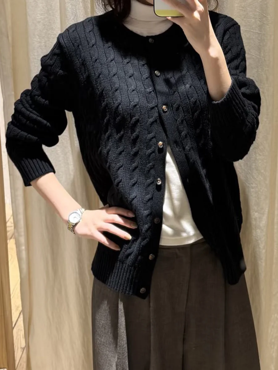 

Черный вязаный свитер, кардиган, женский однобортный трикотаж с круглым вырезом и длинными рукавами, осенние новые винтажные повседневные простые вязаные свитера