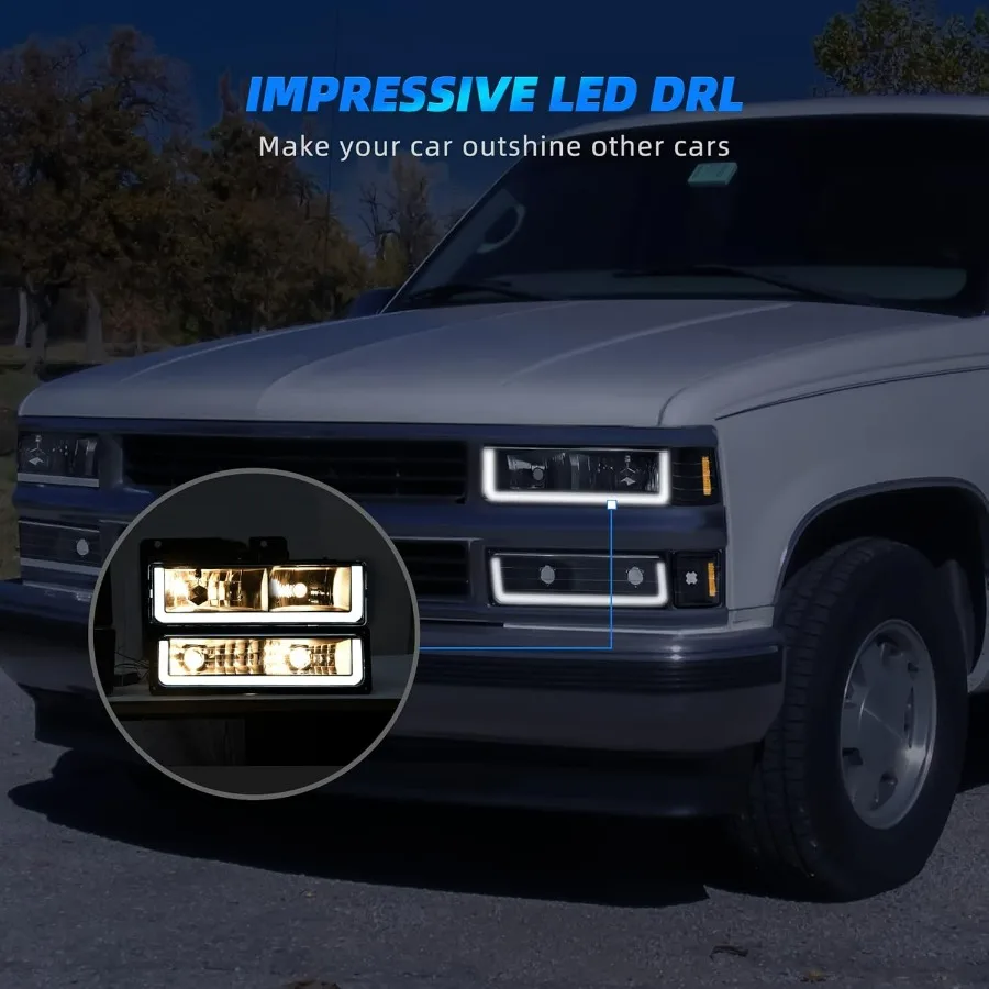 Conjunto de faróis LED DRL com luzes de canto para 19941999 Chevy C K 1500 2500 3500 Suburban Tahoe Visibilidade e Mod aprimorados