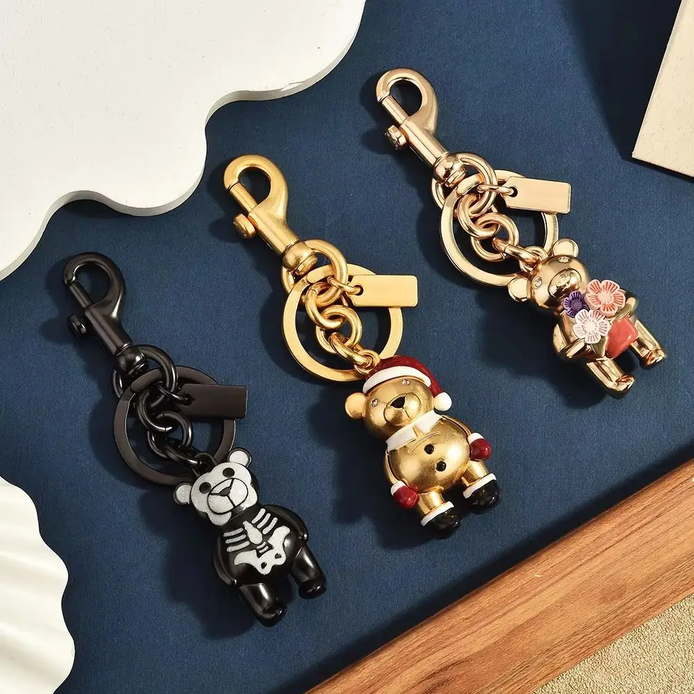 Metal Bear Keychain 3D Bear Keychain 3D Bear Figure Lobster Clasp Bear Key Ring Flower Bouquet Bear Bag Charm Key Organization