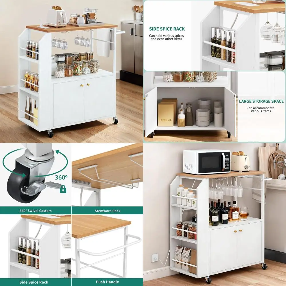 

36 White Rolling Kitchen Island Cart with Power Outlet and Storage Shelves