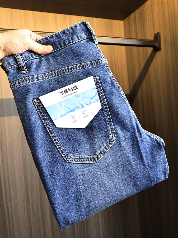 

Мужские прямые джинсы с белой талией, летние технологические брюки со льдом, удаленные хлопковые эластичные джинсовые брюки со средней талией, длинные...