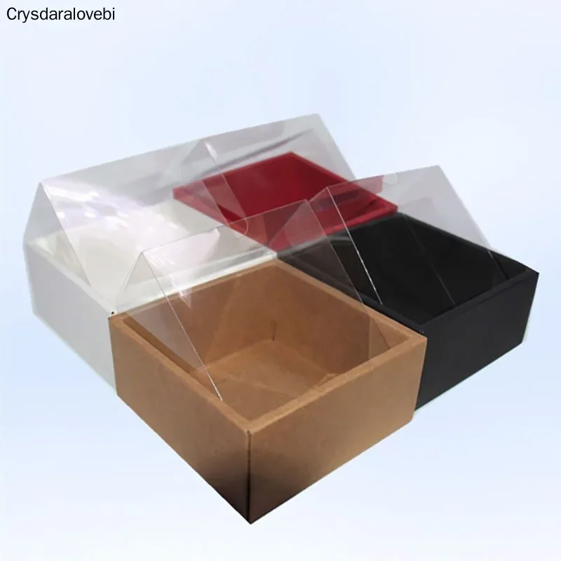 200pcs White Kraft Paper Gift Box With Transparent PVC Window Black Cake Boxes Red Wedding Cookie Candy Packaging Boxes