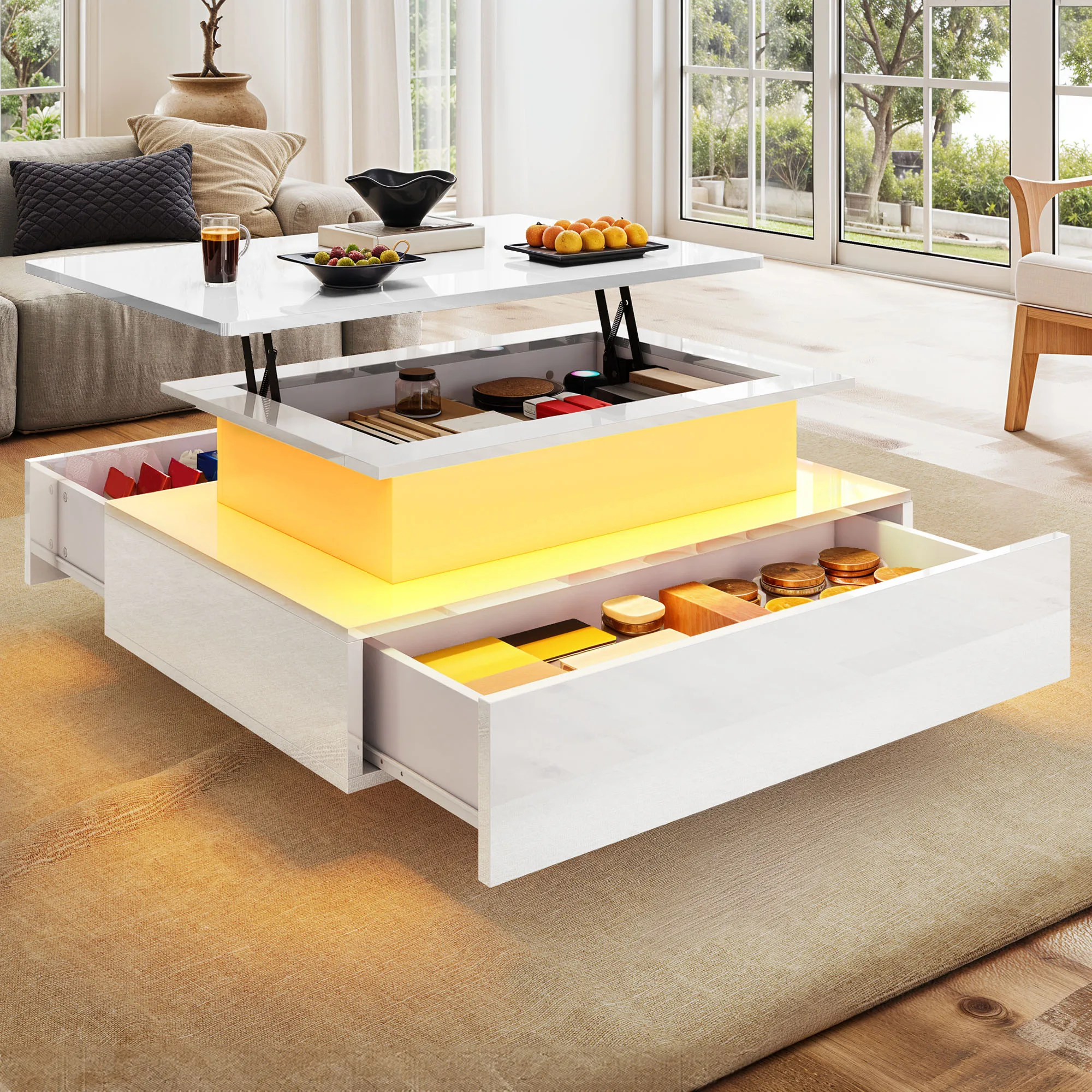 Balconera Lift-Top Coffee Table - Modern Rectangular with 16 Color LEDs & 2 Drawers, Elevated Surface with Lighting