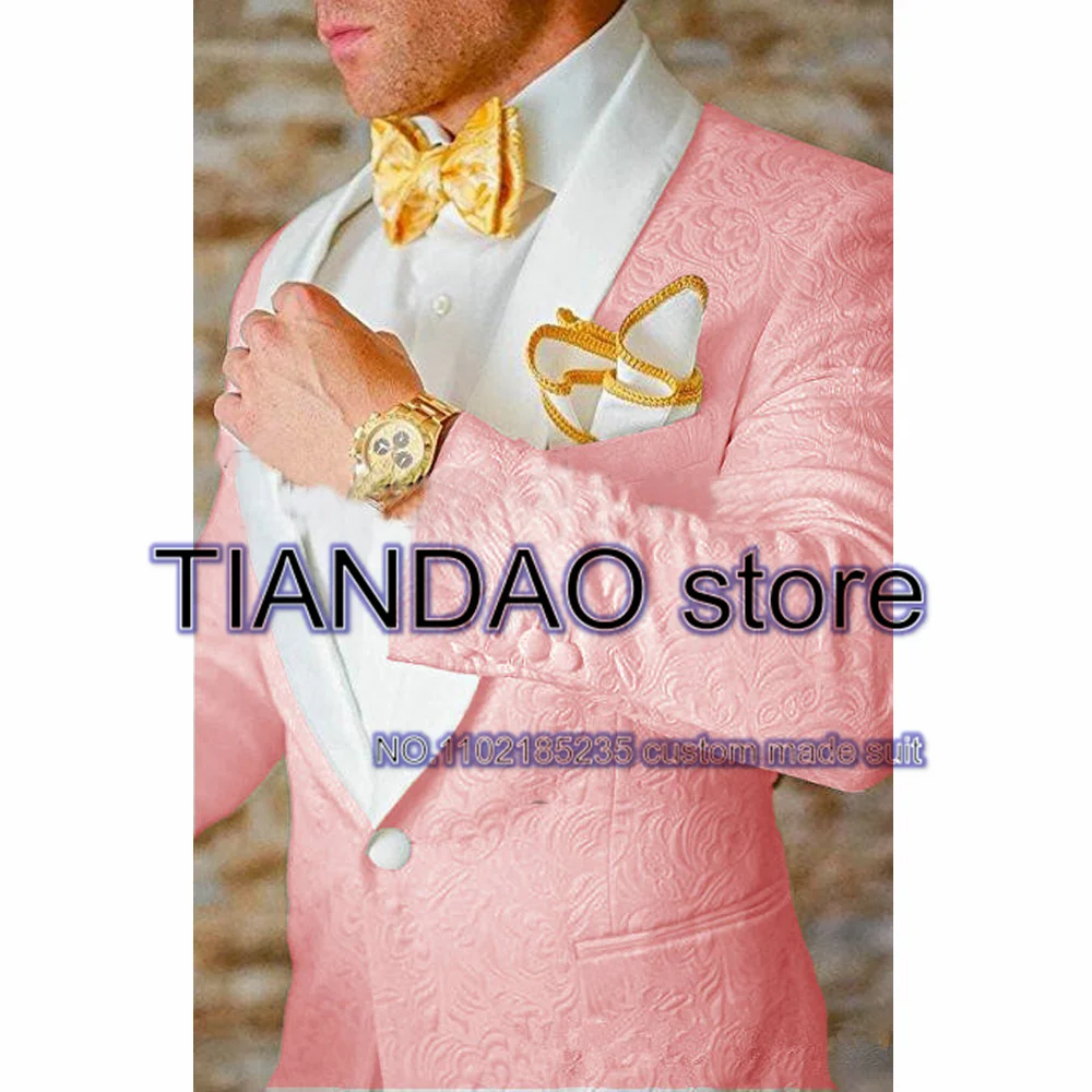 Pink Rose Print Men's Suit 2 Piece Groom Wedding Tuxedo Prom Blazer Pants Slim Fit Jacket Set Complete Outfit