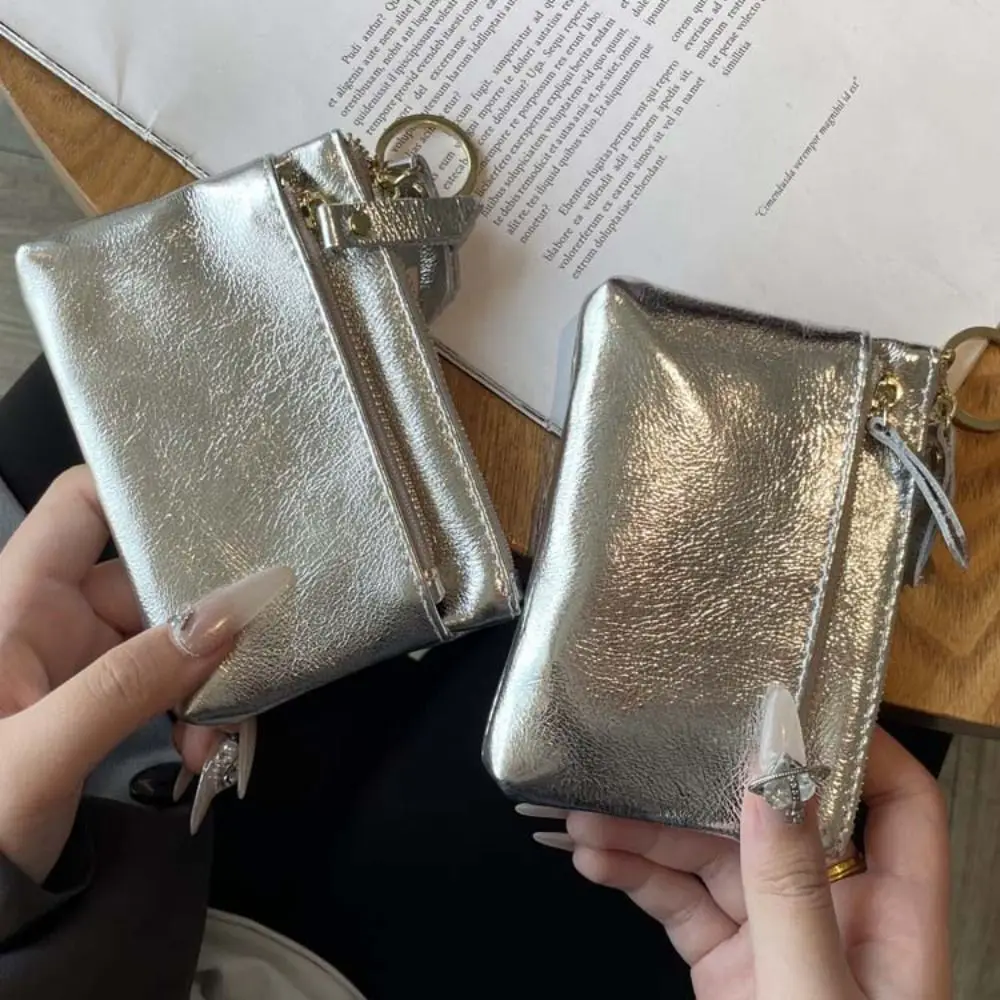 Simple Genuine Leather Silver Wallet Solid Color Korean Style Zipper Coin Purse Earphone Pouch Mini Small Item Bag Men