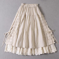 Japanese Lace Embroidery Cotton Linen Long Skirt Mori Girl Style High Waist A Line Loose Double Layer Pleated Skirts for Women