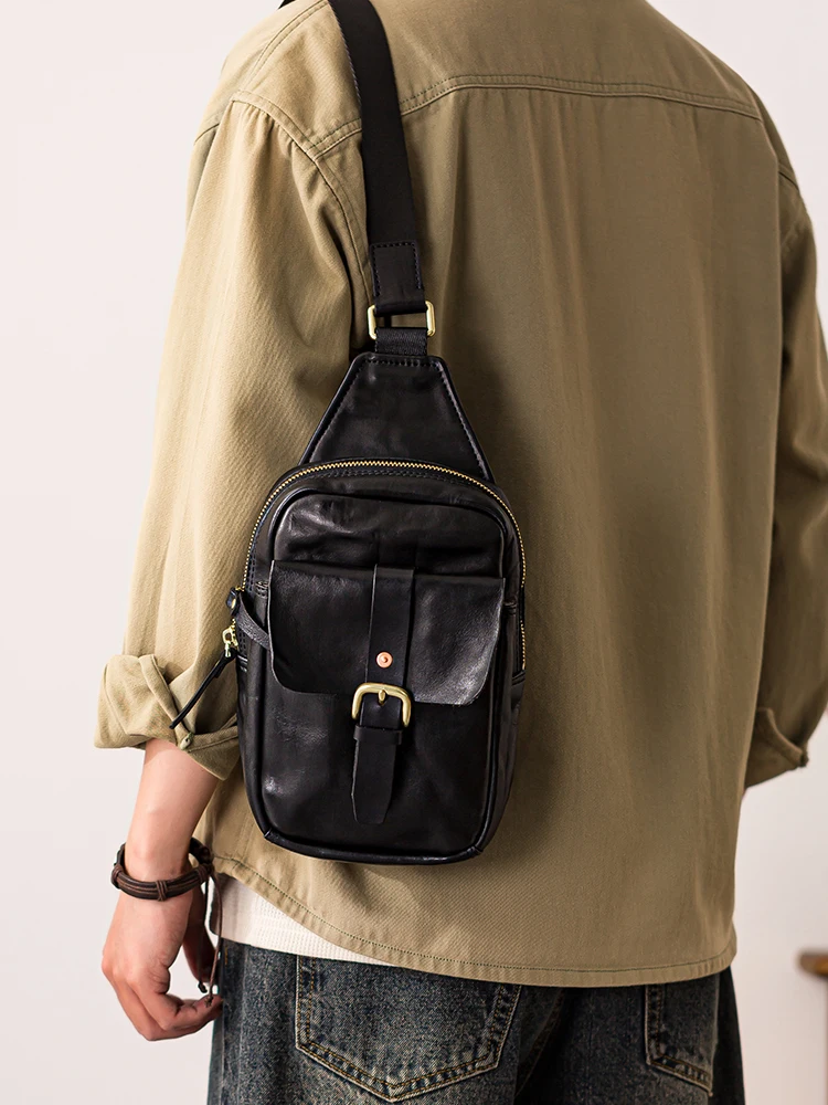 fashion designer handmade first layer cowhide men's black chest bag outdoor daily sports luxury genuine leather crossbody bag