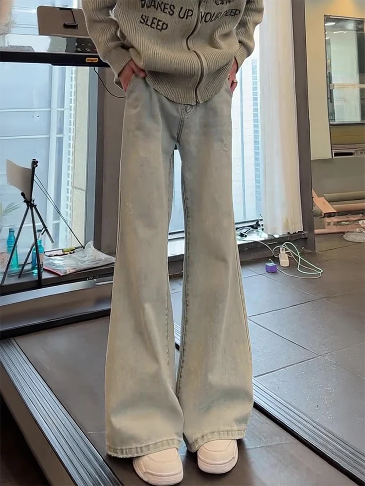 

Светло-голубые американские джинсы-клеш для мужчин с высокой талией, прямые, струящиеся, с принтом в виде лап, весенние модные брюки