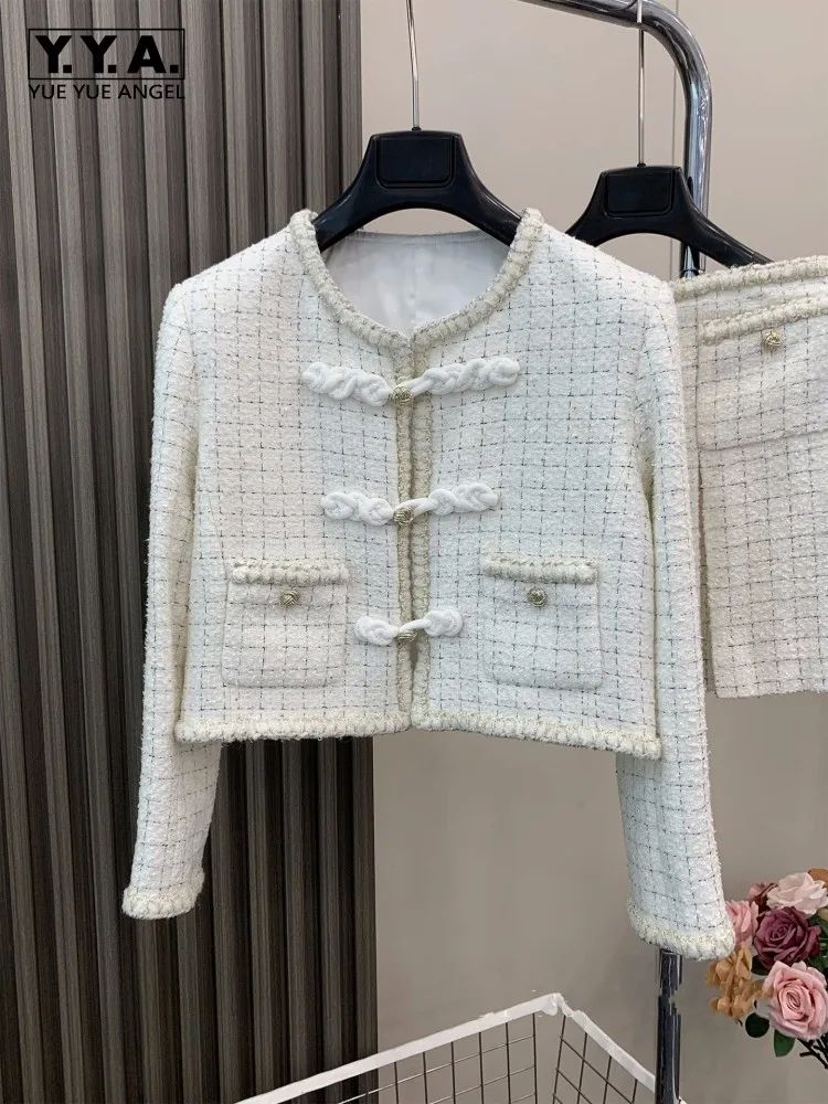 Ladies Plaid Single-breasted Jacket Skirt Two-Piece Set High-quality O Neck Coat Sets Autumn Winter Above Knee Skirts Outfits