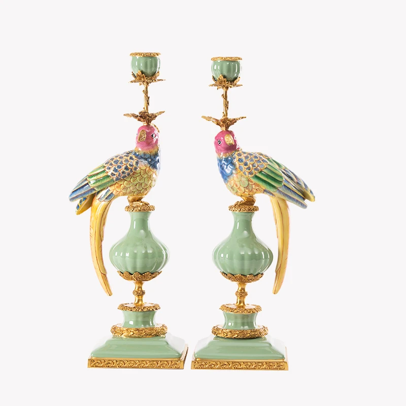 Home Unique Restaurant Fireplace Home Decoration Brass Ceramic Bird Candlestick Bracket Crafts