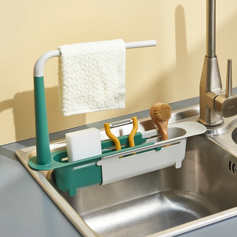 

Telescopic Sink Storage Rack Kitchen Storage Drain Basket Over Sink Organizer With Towel Rack Home Gadgets Soap Sponge Holder