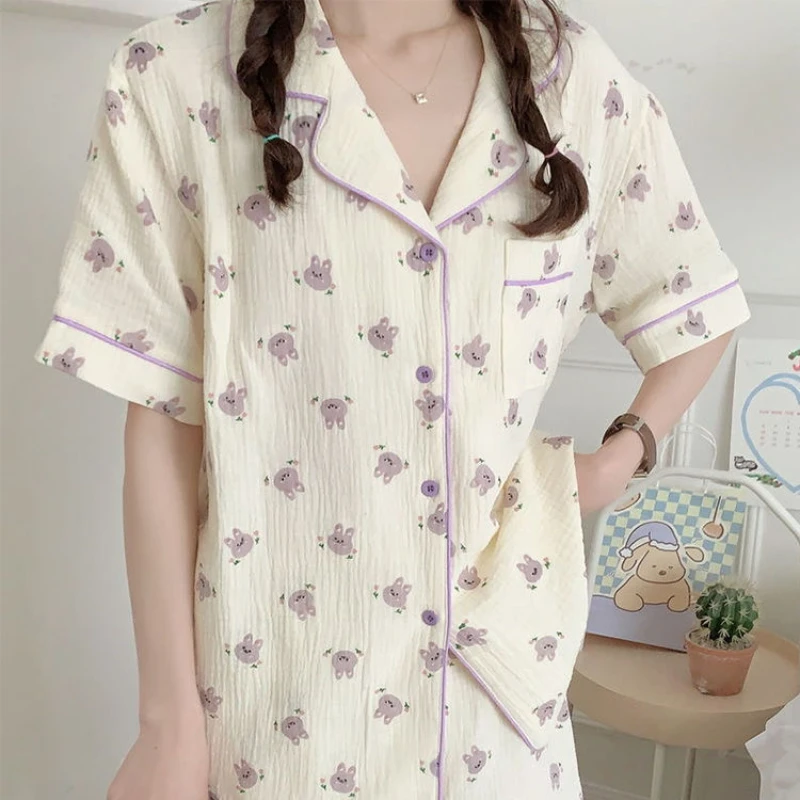 Summer Women\'s Short-sleeved Shorts Pajama Suit Lapel Cotton Shirt Cute Bunny Print Can Be Worn Outside 2024 Hot Sale