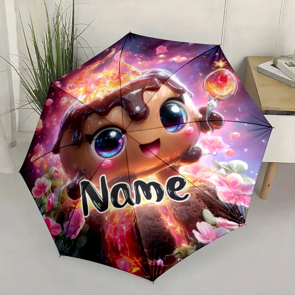 Custom Name Umbrella,Adorable Flaming Dessert Character with Flowers Design Umbrella
