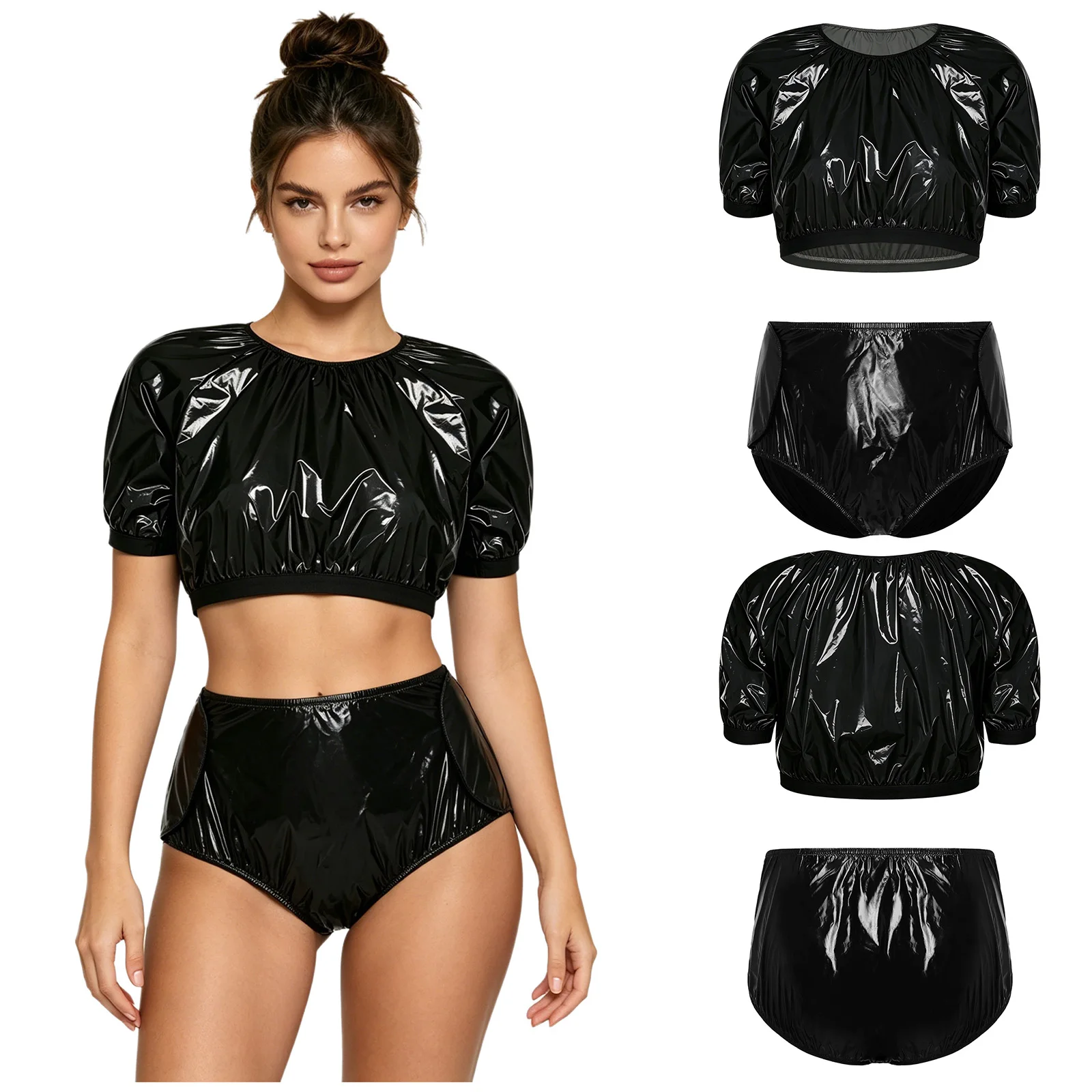 Women's Swimsuit Waterproof Vinyl Adaptive Swimwear Short Sleeve Crop Top And Hook Diaper Cover Shorts Special Needs Clothing