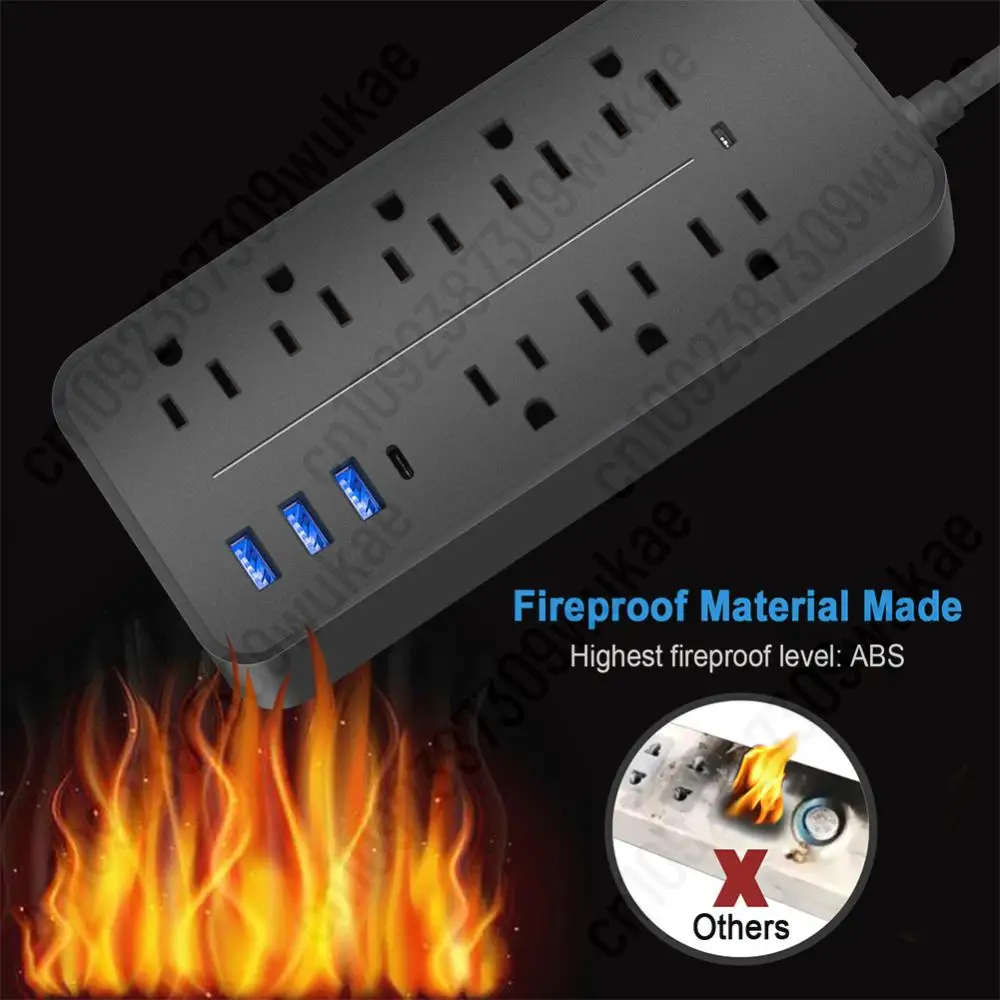 US Plug Socket Power Surge Protection Plug 3*USB+1*Type-C with Extension Cable Power Multi Tap 2000W Smart Outlet Power Strip