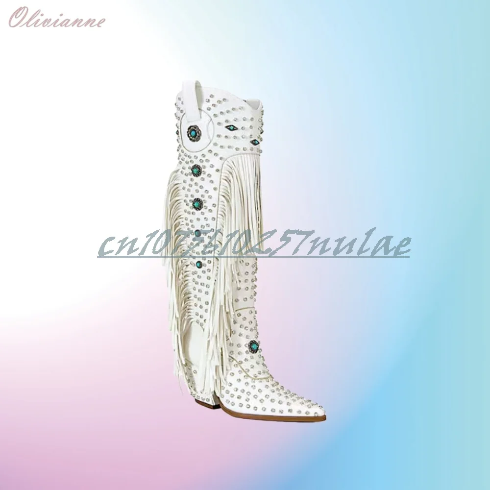 화이트 크리스탈 장식 태슬 장식 미드 카프 부츠 웨스턴 스타일 부츠 청키 하이힐 패션 여성 신발 파라 무헤레