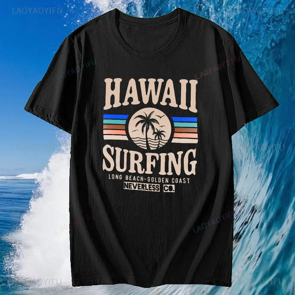 Mens Hawaii Surfing Cotton Short Sleeve for Men Tops Summer Beach Palm Print Fashion Street Style Cotton T-Shirt Clothes