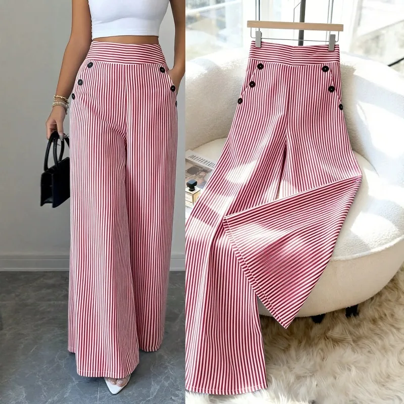 2026 New Cross-border Women's Fashion High-Waist Striped Wide-Leg Buttoned Decorated Draped Straight Casual Long Pants Trend