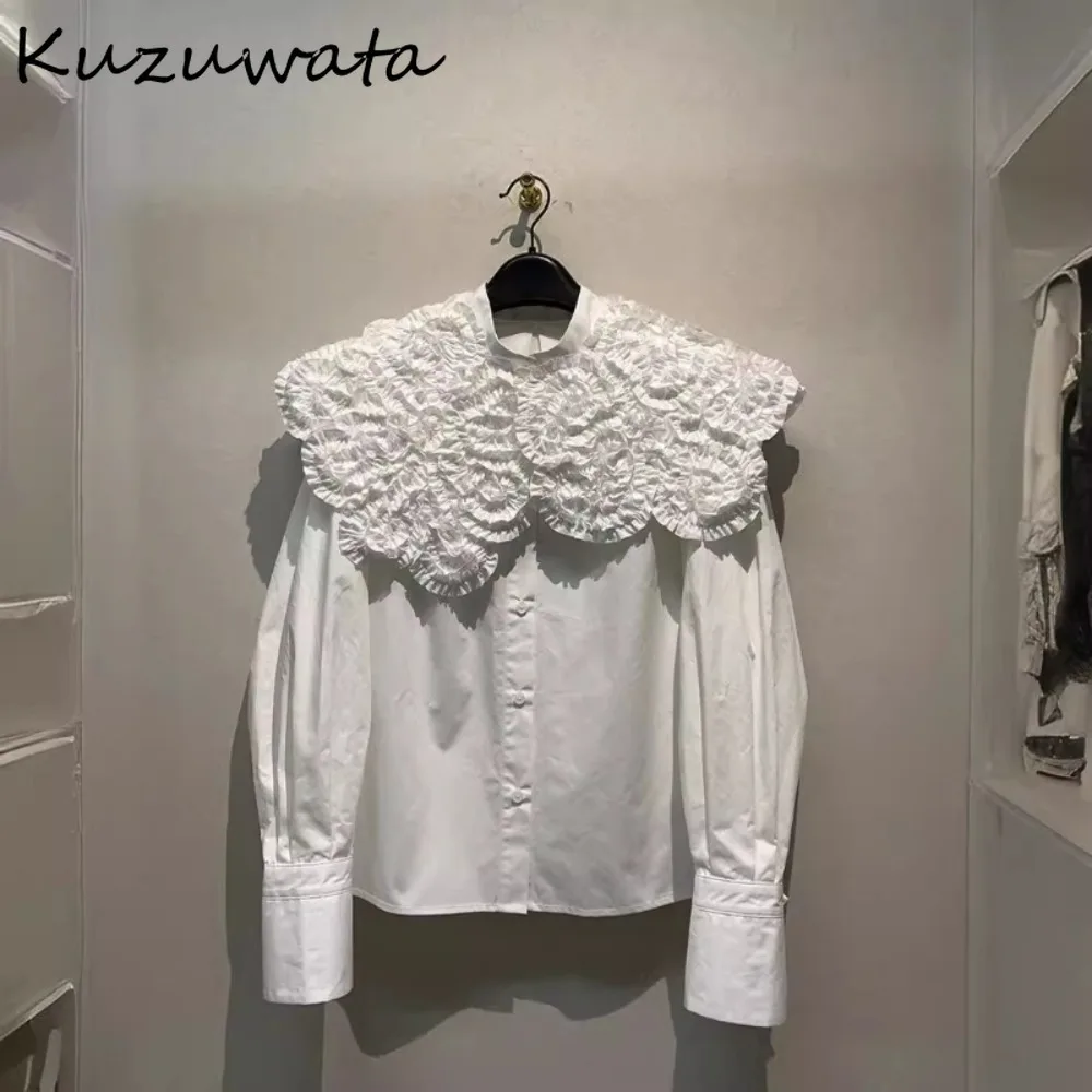 Kuzuwata Sweet Long Sleeve Peter Pan Collar Blouses Slim Fit All-match Loose Literaty Blusas Japan New Straight Patchwork Shirt