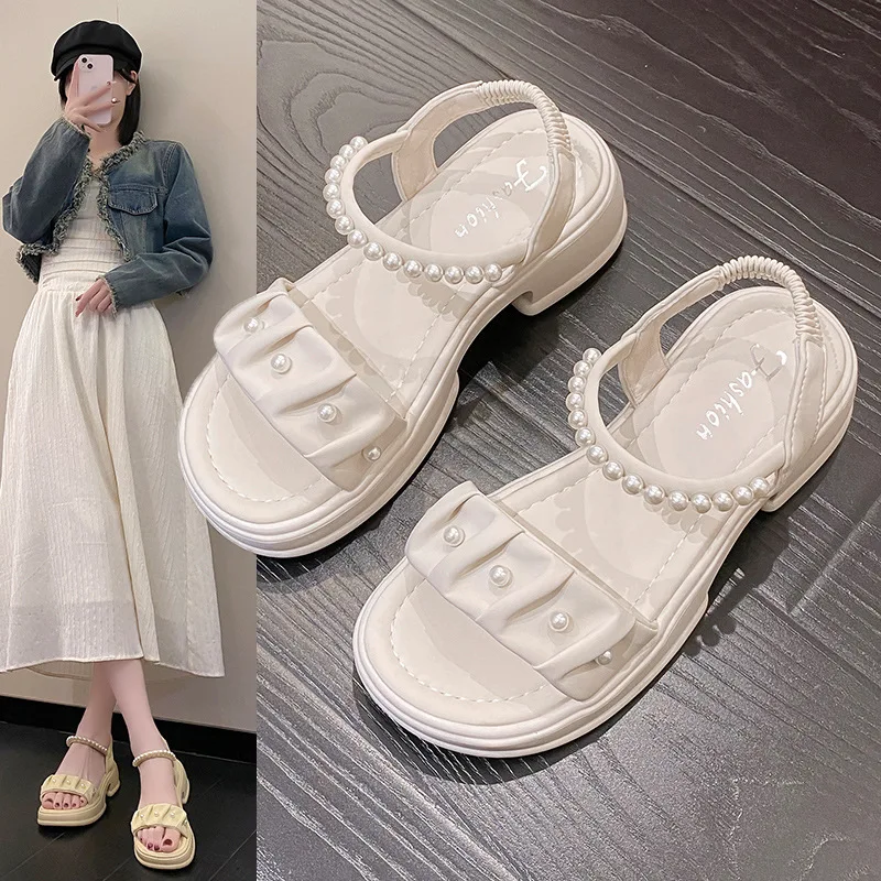 Beach Sandal Woman Luxury Clogs With Heel 2024 Summer Clear Shoes Muffins shoe Suit Female Beige Elastic Band Thick Comfort Pear