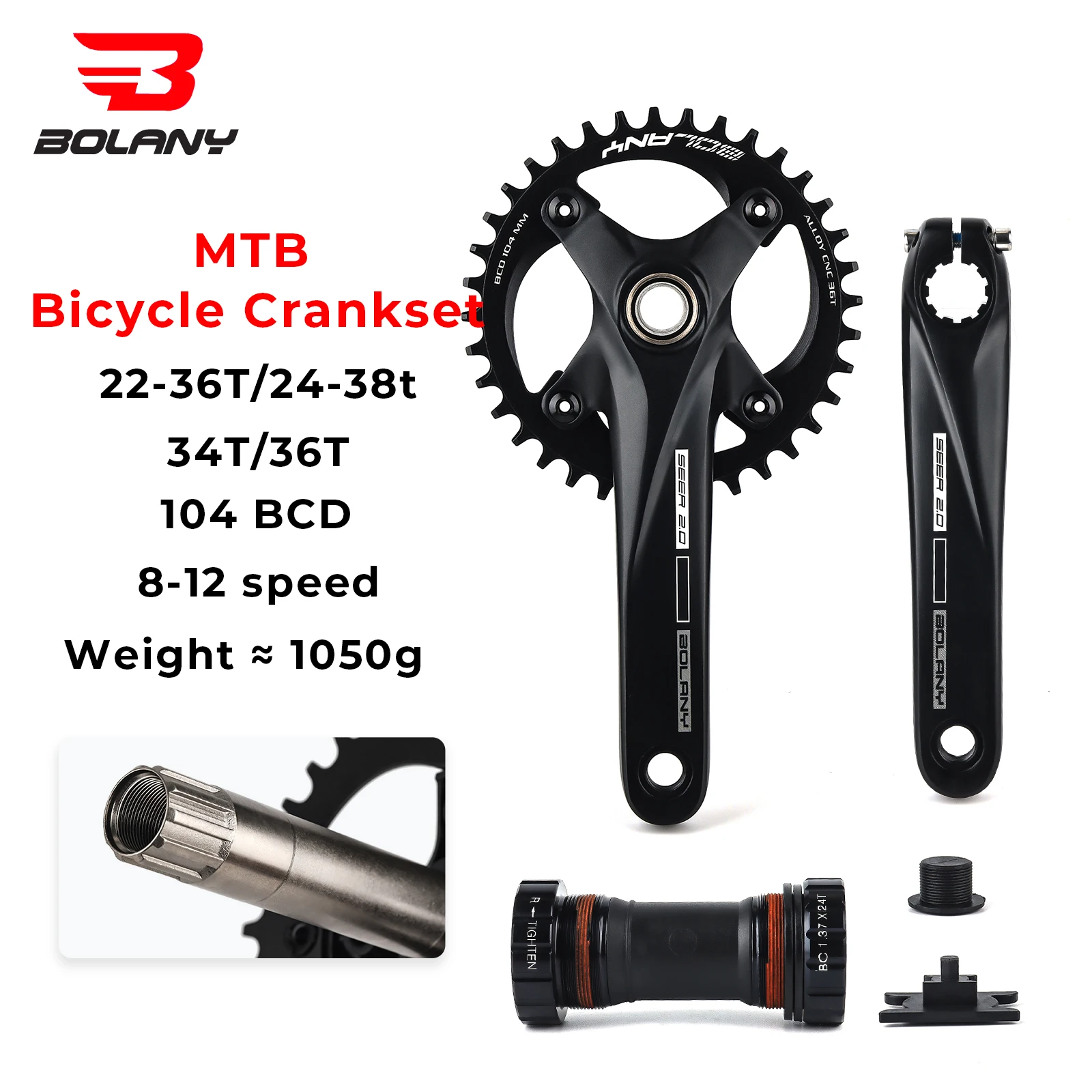 

BOLANY MTB Bicycle Crankset 104BCD Hollow Crank 34T/36T 170mm Integrated Crank Chainring Mountain Bike 22-36T/24-38T Crankset