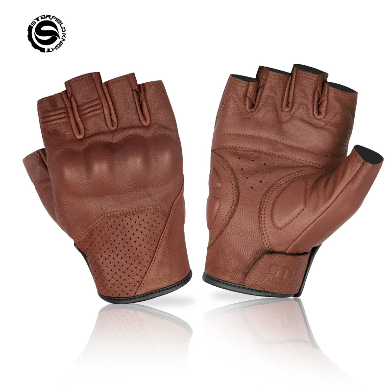 

SFK Motorcycle Riding Half Finger Gloves Real Goat Leather Non-slip Wear-resistant Gears Summer Breathable PVC Joint Protection