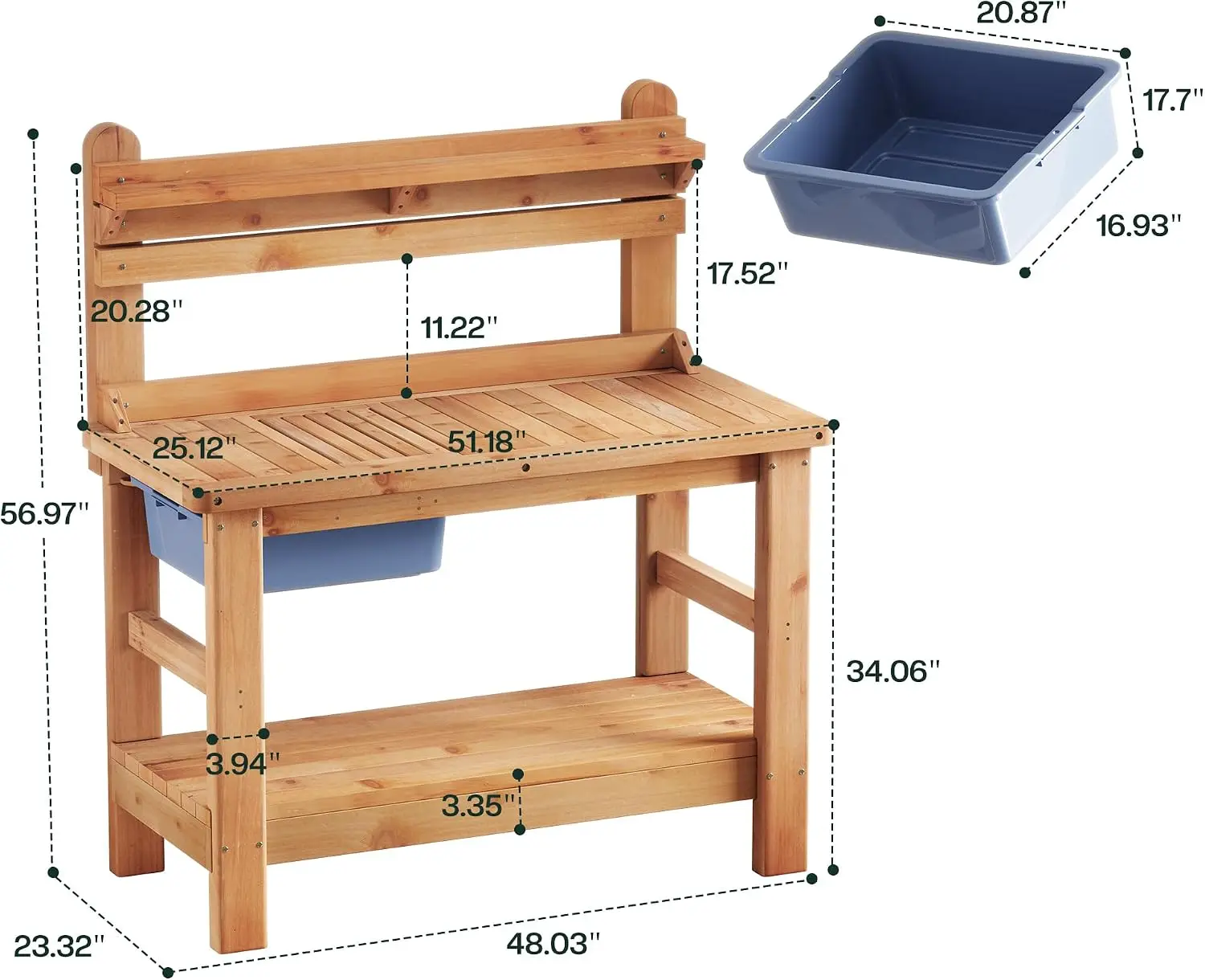 Outdoor Solid Wood Potting Bench with Sink & Shelf, Natural Wood