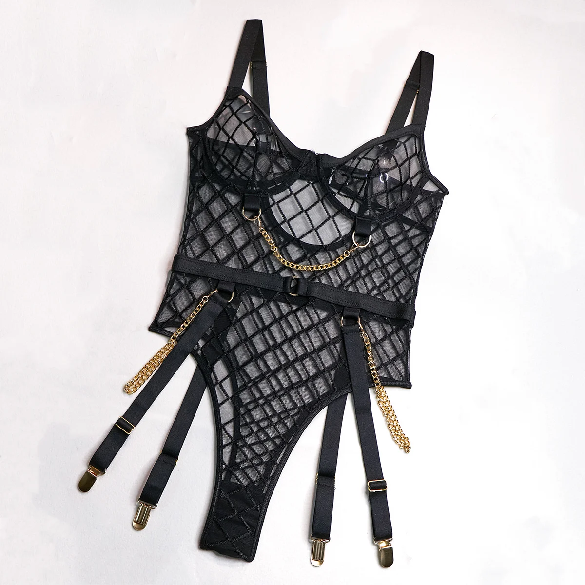 

Очаровательный сексуальный черный прозрачный клетчатый боди с бюстгальтером для женщин - модный комплект прозрачного кружевного нижнего белья и трусиков