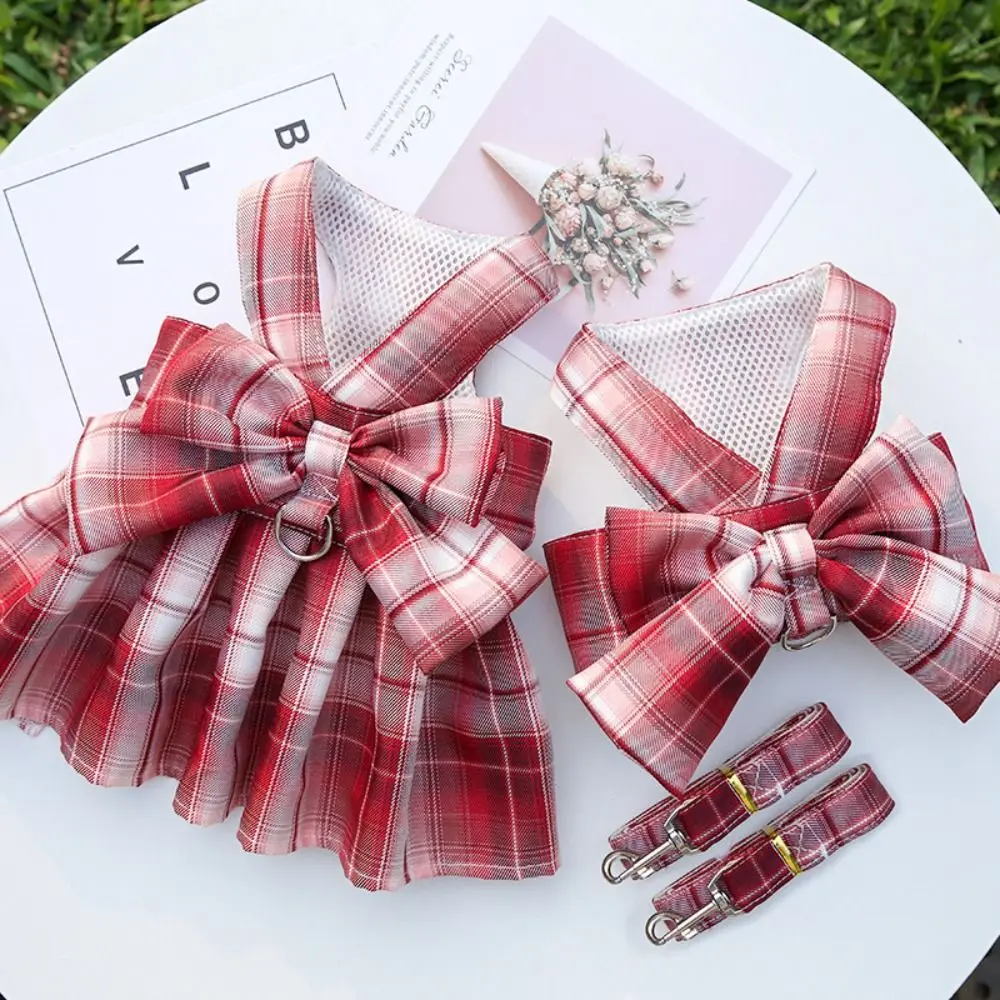 

Practical with Leash Traction Dog Plaid JK Dress Comfortable Dacron Pet Harness Skirt Adjustable Washable Pet Vest Clothes Puppy