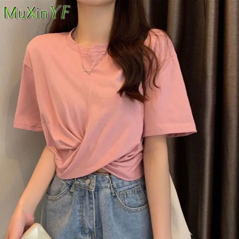 Women\'s Dress Suit 2023 Summer Fashion Cross Short Sleeve+Irregular Length Skirt Two Piece Korean Elegant New in Matching Set