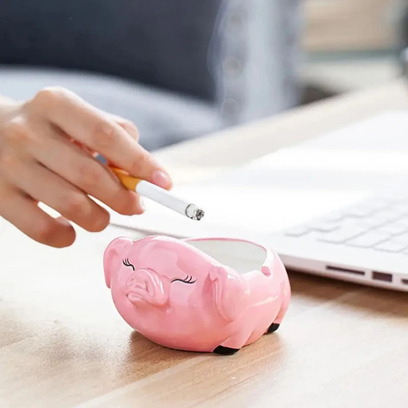 Cartoon Ceramic Pig Shape Ashtray Fireproof Leak-proof Non-Slip Ashtray Container Wide Opening Desktop Ashtray Ornament