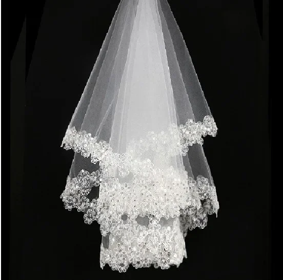 Sequin One Layer Wedding Veils  without Comb  Lace Appliques Bride Veil Wedding accessories White Ivory Voile Mariage