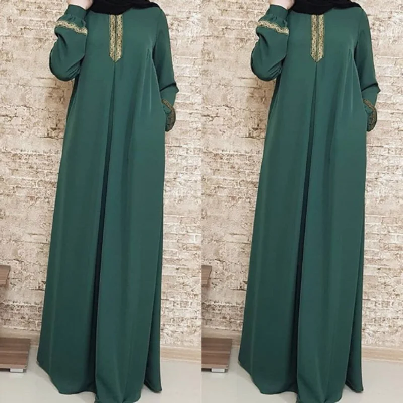 Muslim Abaya Ethnic Style Print Islam Abaya Dress Solid Color Loose Casual Robe Femme Musulman for Middle East Arabia