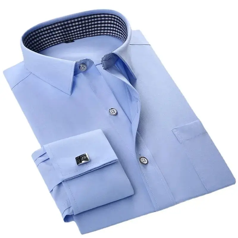 High Quality French Cufflinks Shirt for Men Long Sleeve Tuxedo Male Autumn Special Wide Fit Fleece Lined Nine Sleeve  Collar