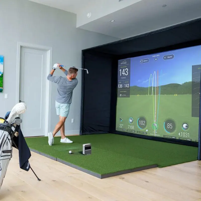 Home indoor enclosure virtual golf hitting mat high end impact screen  club 3d skytrak golf simulator system