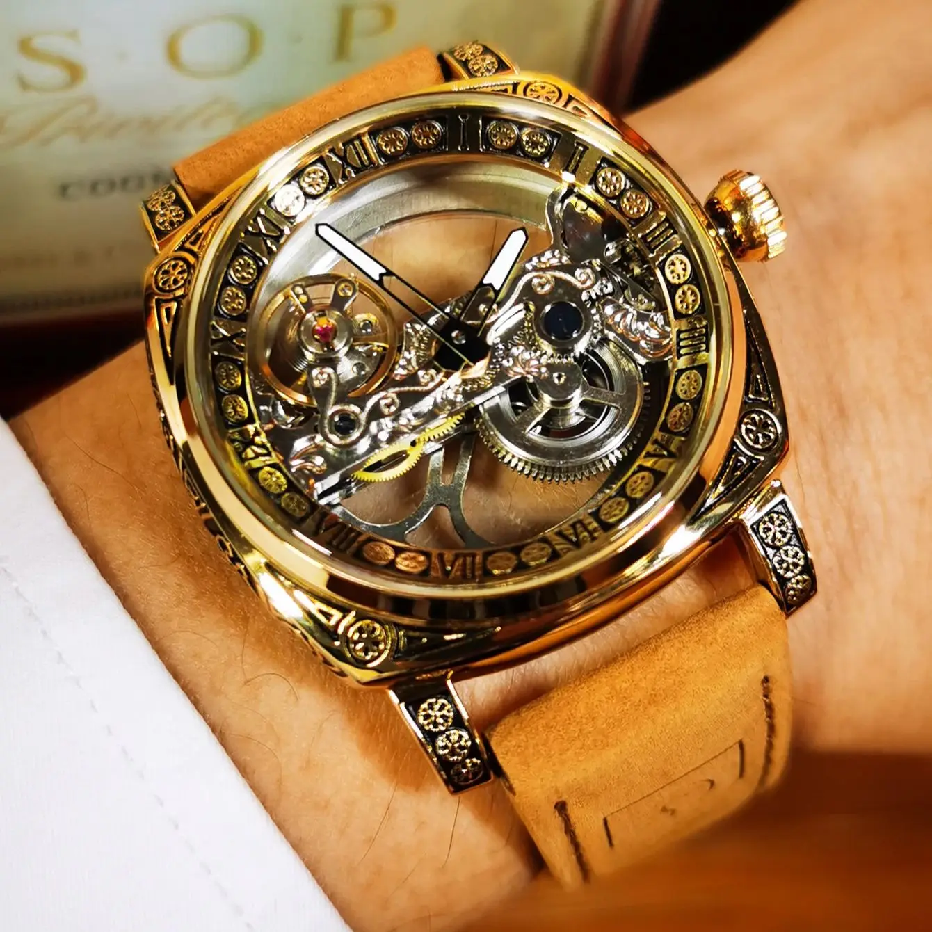 Forsining Royal Square Skeleton Automatic Mechanical Watch for Men Leather Strap Luminous Luxury Brand Business Mens Watches New