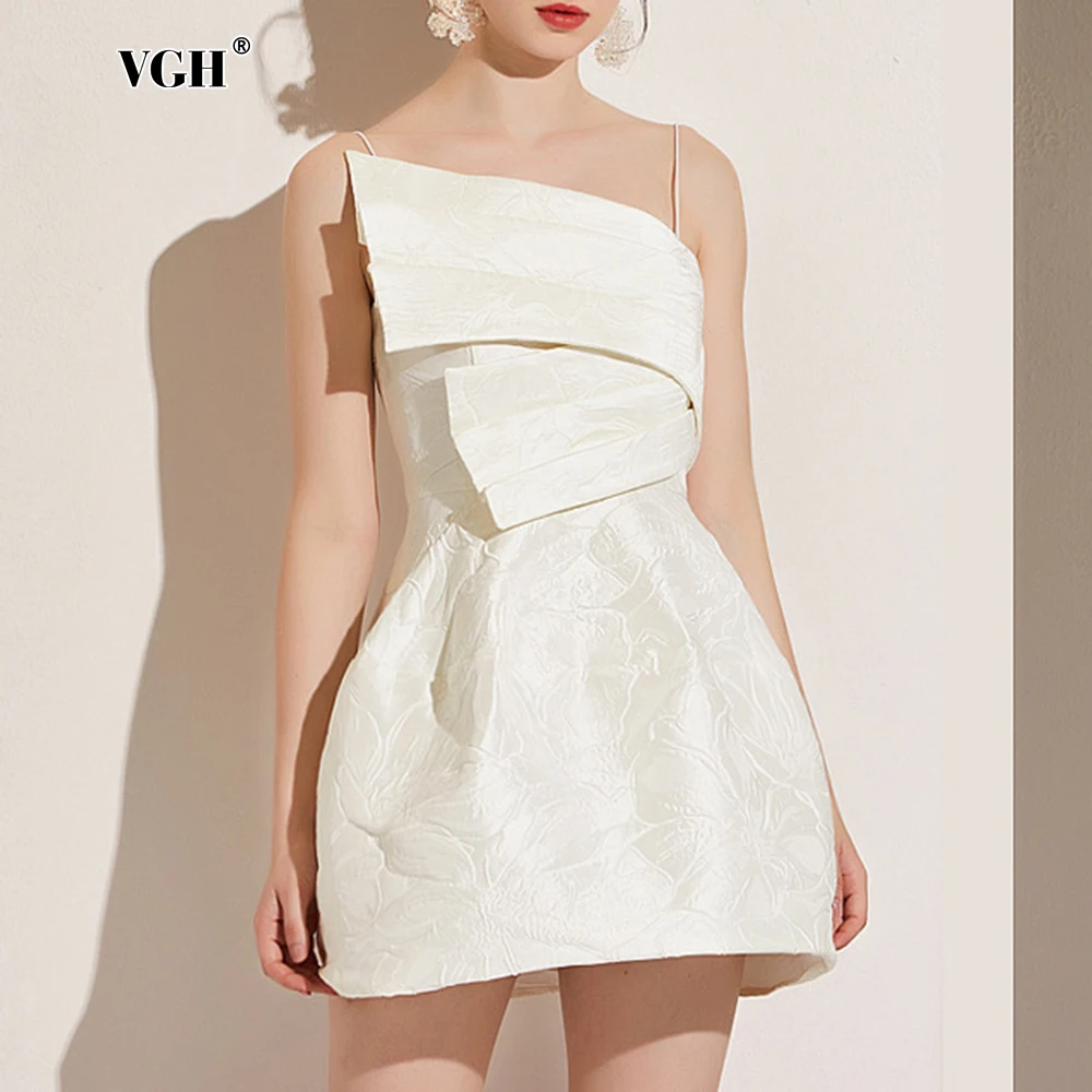 

VGH Sweet Irregular Folds Party Dresses For Women Strapless Sleeveless Backless High Waist Elegant Short Dress Female Fashion