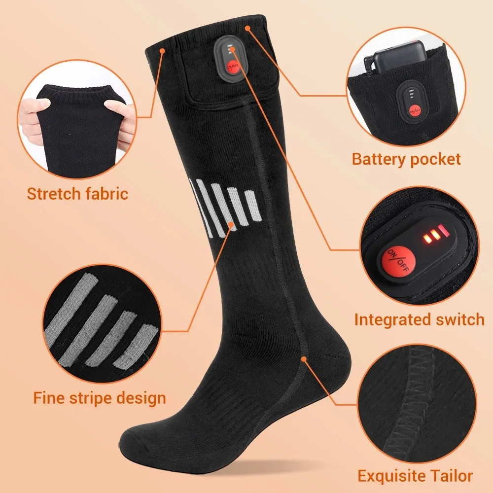 65 ℃   Calcetines calefactables, calcetines calefactores cálidos de invierno con estuche para batería, calcetines de esquí eléctricos calentados para motos de nieve, botones controlables para exteriores